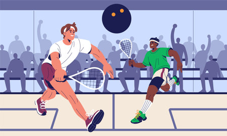 Young sportsmen playing squash match. Tennis player reaches with racket to throw ball. People play with racquets on championship. Sport competition, tournament on court. Flat vector illustrationのイラスト素材