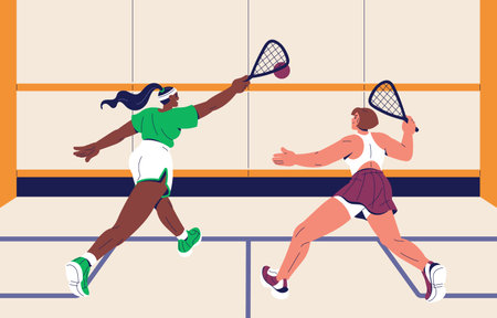 Squash players in uniform playing at championship. Sportswomen throw ball with rackets during sport match. People play with racquets on court in tournament, competition. Flat vector illustrationのイラスト素材
