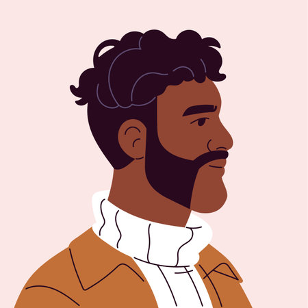Avatar of black man with beard side view. Profile of person with modern haircut and whiskers on face. Square shape portrait of male head with sideburns, mustache. Flat isolated vector illustrationのイラスト素材