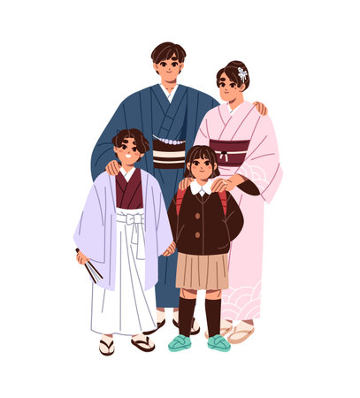 Happy Asian family with kids in kimono stands together. Mother, father, children of oriental nationality in traditional clothes. Japanese parents, siblings. Flat isolated vector illustration on whiteのイラスト素材