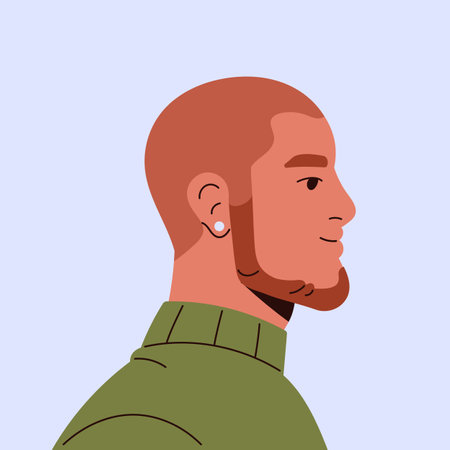 Avatar of bald man with skippers beard side view. Profile of hairless person with whiskers, sideburns on face. Square shape portrait of smooth head with earring. Flat isolated vector illustrationのイラスト素材