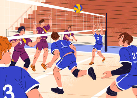 Athletes play volleyball in gym. Players struggle with rivals during volley game, match for ball. Professional sport team in uniform is in competition with opponents. Flat vector illustrationのイラスト素材