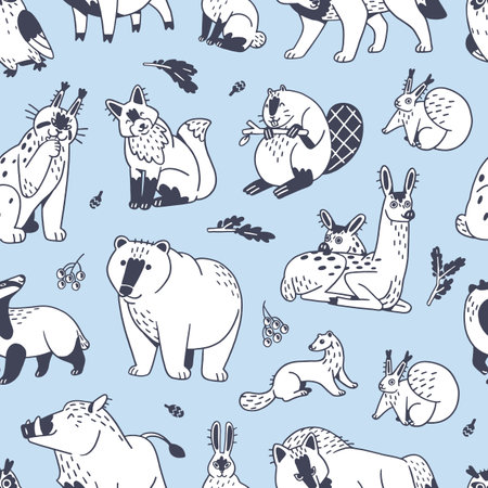 Repeatable pattern of happy forest animals in outline style. Contour cute woodland beasts on endless background. Funny wildlife, friendly fauna: bear, deer, wolf. Flat seamless vector illustrationのイラスト素材