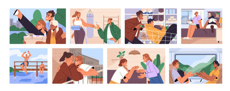 Friendship moments concept set. Happy diverse friends have fun, make selfie, study, travel, hang out, spend time together. People quarrel, love, support, comforting fellows. Flat vector illustrationsのイラスト素材