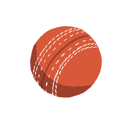 Icon of red cricket ball. Athletic leather equipment with round shape to play sports game. Rubber inventory with circle form for softball. Flat isolated vector illustration on white backgroundのイラスト素材