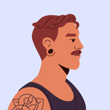 Avatar of happy adult man with tattoo and piercing. Square shape male portrait for user profile. Person with smile face side view. Flat isolated vector illustrationのイラスト素材