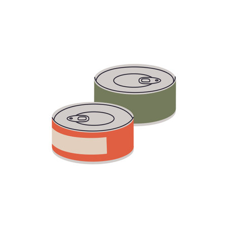Canned food icon. Tin cans with preserved fish, meat, fruit or vegetables. Aluminum canisters, metal packaging for products in hiking, travel. Flat isolated vector illustration on white backgroundのイラスト素材