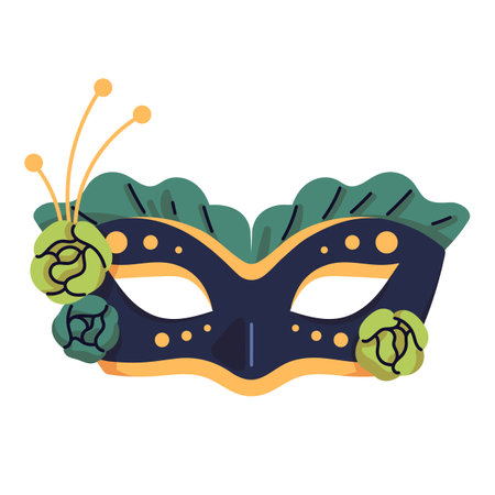 Venetian Colombina for festive masquerade. Carnival mask decorated with flowers. Disguise accessory for hiding face for Mardi Gras. Theater facial masque. Flat isolated vector illustration on whiteのイラスト素材