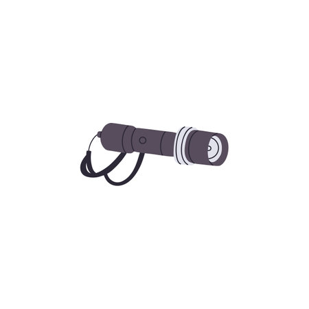 Pocket flashlight icon. Portable electric torch for hiking. Hand flash light. Trekking lantern, lamp. Travel tool, journey equipment to survive. Flat isolated vector illustration on white backgroundのイラスト素材