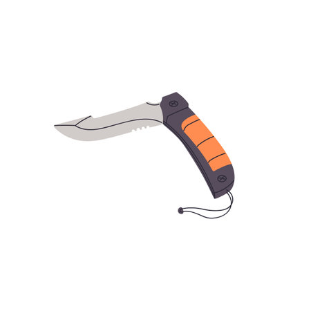 Pocket knife icon. Penknife for hiking. Folding metal blade to travel in forest. Trekking tool to survive in nature. Pocketknife, journey gear. Flat isolated vector illustration on white backgroundのイラスト素材