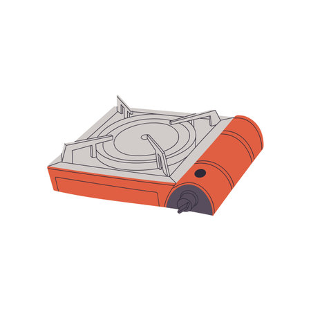 Gas burner for preparation of food outdoors. Portable propane cooker for camping. Hiking equipment for cooking. Trekking gear to travel at nature. Flat isolated vector illustration on white backgroundのイラスト素材