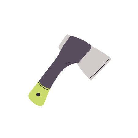 Icon of trekking axe. Modern hiking ax with plastic handle. Hatchet with sharp steel blade to chop down woods. Lumberjack hand tool for building. Flat isolated vector illustration on white backgroundのイラスト素材