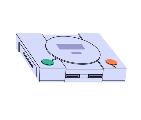 Icon of videogame console. Equipment to play video game with disk drive. Cybersport players gear. Gamers toy, device for digital entertainment. Flat isolated vector illustration on white backgroundのイラスト素材