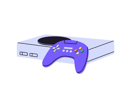 Icon of videogame console with controller. Video game equipment with joystick. Cybersport gear for players. Gamers device to play digital toys. Flat isolated vector illustration on white backgroundのイラスト素材