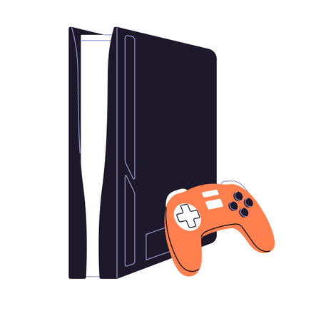 Video game console with joystick icon. Modern videogame device with controller. Cybersport equipment to play. Digital toys for gamers, players. Flat isolated vector illustration on white backgroundのイラスト素材