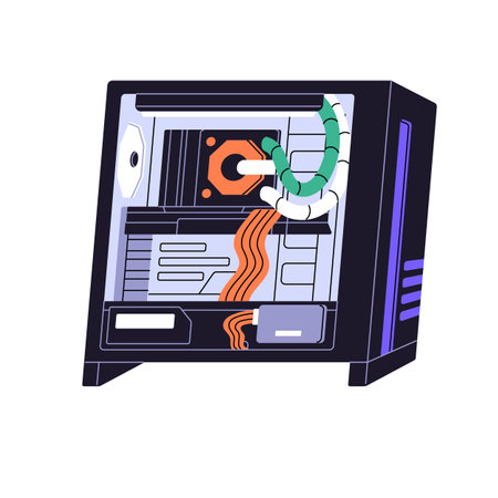 Icon of processor case. Powerful computer with components. PC with transparent cover and modern parts inside. Hardware system of gamers toy. Flat isolated vector illustration on white backgroundのイラスト素材