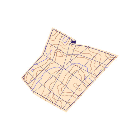 Topographic map icon. Hiking gear for navigation on local lands. Topography of terrain. Trekking tool to search direction, route. Travel guide. Flat isolated vector illustration on white backgroundのイラスト素材