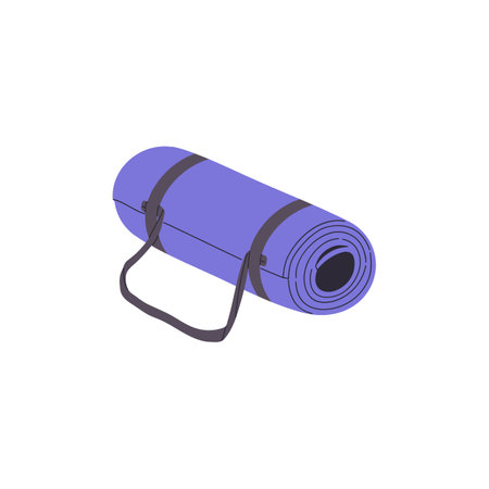 Roll of yoga mat icon. Folded mattress with straps. Rubber rug for fitness training. Carpet for camping during hiking. Trekking tool for tourism. Flat isolated vector illustration on white backgroundのイラスト素材