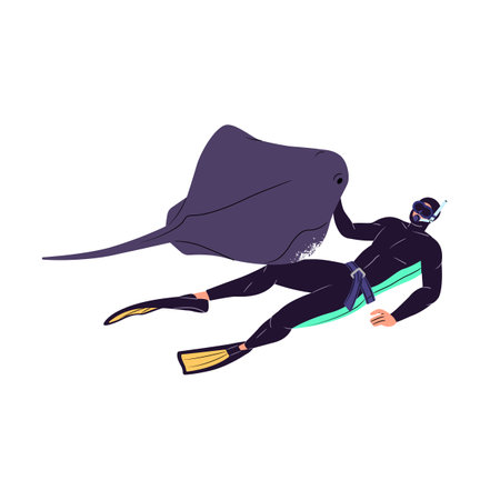 Swimmer in goggles communicates with sea stingray during scuba diving. Diver swimming underwater with mask, snorkel. Man observes ocean fauna. Flat isolated vector illustration on white backgroundのイラスト素材