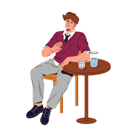 Happy boy sits at the table with glass of water. Young man with tie relaxes on chair, talk. Person on seat speaks and gesturing with hand. Flat isolated vector illustration on white backgroundのイラスト素材