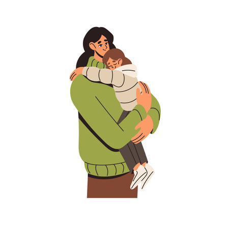 Happy family hugs together. Mother holds kid on hands and cute daughter embraces her. Parent cares about little girl. Love expression to child. Flat isolated vector illustration on white backgroundのイラスト素材