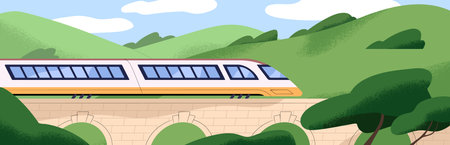 Passenger train of express railroads with carriages goes on brick bridge among countryside landscape. Modern transport of rail road, railway is in travel in nature scenery. Flat vector illustrationのイラスト素材