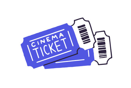 Icon of two cinema tickets. Blue theater entrance coupons. Cards with barcode to pass to movie. Paper bar code to film display, concert, show. Flat isolated vector illustration on white backgroundのイラスト素材
