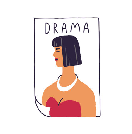Icon of cinema, theatre event poster. Paper sheet with advertising of drama movie in theater. Hanging promotion of film with female portrait. Flat isolated vector illustration on white backgroundのイラスト素材