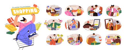 People shopping set. Customers with carts buy products, clothes in retail stores. Buyers make purchases on sale in supermarket, grocery market. Flat isolated vector illustrations on white backgroundのイラスト素材