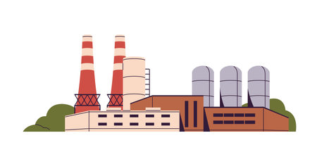Coal fired power plant with tubes. Building of manufacturing with chimneys, tanks. Concrete manufactory, metallurgical production factory. Heavy industry. Flat isolated vector illustration on whiteのイラスト素材