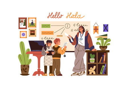 Students answers near blackboard in English class. Teacher explains, teaches pupils in classroom. Kids learning foreign languages in school. Flat isolated vector illustration on white backgroundのイラスト素材