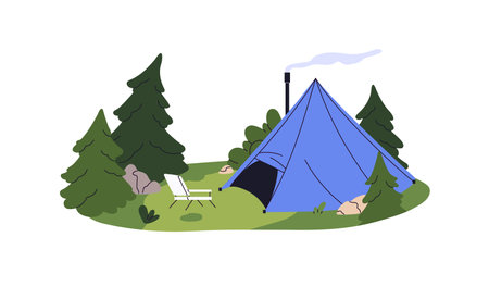 Trekking tent for camping, rest among fir trees, pines in forest. Campground in woodland. Campsite in travel in nature, hiking, summer journey. Flat isolated vector illustration on white backgroundのイラスト素材