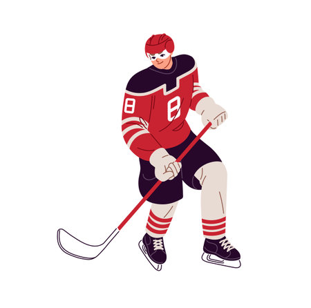 Ice hockey player in uniform skating with stick on rink. Professional sportsman of winter sport game in safety helmet plays in competition, match. Flat isolated vector illustration on white backgroundのイラスト素材