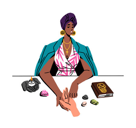 Fortune teller does palmistry. Black fortuneteller makes divination by palm reading. Magic woman predicts future, telling destiny by fate lines. Flat isolated vector illustration on white backgroundのイラスト素材