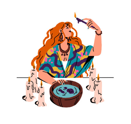 Fortune teller predicts future by wax in bowl of water. Witch holds burning candle in hand, telling destiny, does divination. Fortuneteller does prophecy. Flat isolated vector illustration on whiteのイラスト素材