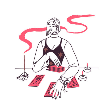 Outline fortune teller with candles makes tarot reading. Fortuneteller does divination of destiny with magic card deck. Woman does future telling. Flat isolated hand drawn vector illustration on whiteのイラスト素材