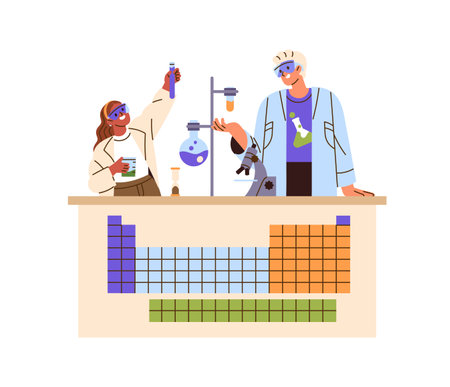 Teacher and student do chemical experiment in school lab together. Pupil studies, learning chemistry in classroom. Chemist teaches kid in science class. Flat isolated vector illustration on whiteのイラスト素材