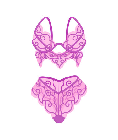 Sexy set of pink lingerie. Lace underwear with elegant pattern on bra, panty. Womens transparent undergarments. Lovely female panties, brassiere. Flat isolated vector illustration on white backgroundのイラスト素材