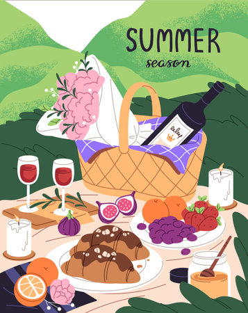 Picnic poster design. Flowers, wine bottle in basket for summer eating at nature. Card with food, fruit, glasses of drink, croissant dish on blanket. Romantic date outdoors. Flat vector illustrationのイラスト素材