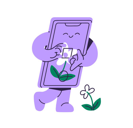 Happy mobile phone character takes photo of cute flower. Joyful smartphone mascot does photography of plant. Funny telephone shots by camera. Flat isolated vector illustration on white backgroundのイラスト素材