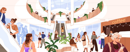 People walking inside modern shopping mall panorama. Customers are in retail store hall, on stairs, escalator. Interior of department in commerce center, plaza, supermarket. Flat vector illustrationのイラスト素材