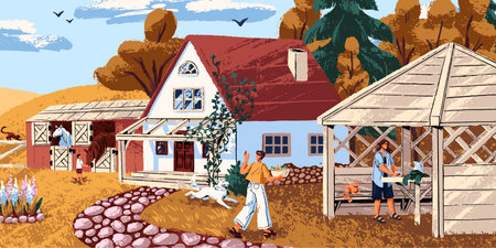 Rural house in country in autumn. Family relaxes on farm, countryside nature with wooden home, summerhouse, fields and forest. Fall season in village. Cottagecore lifestyle. Flat vector illustrationのイラスト素材