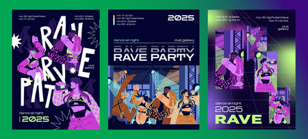 Designs of techno rave party event posters set. Templates of stylish disco in trendy night club...