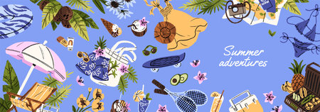 Design of summer travel advertising banner. Template of sea resort promotion with holiday items. Tourists stuff and beach accessories: bikini, chaise lounge, clothes, fruit. Flat vector illustrationのイラスト素材