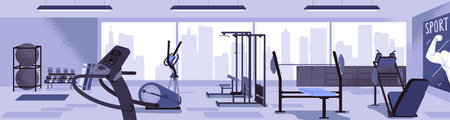 Background with empty fitness gym. Panorama of workout club interior with sports equipment, treadmill for cardio, strength training with weight. Physical exercises indoor. Flat vector illustrationのイラスト素材
