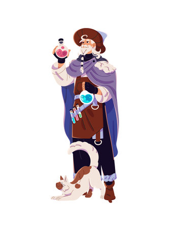 Magician with cat holds magic potion bottles. Old wizard with glass flask, phials of spell elixir. Medieval sorcerer, witch, witchcraft character. Flat isolated vector illustration on white backgroundのイラスト素材