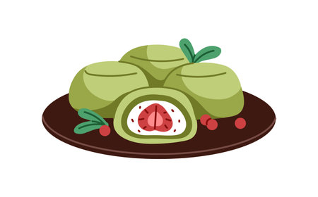 Icon of served mochi with strawberry. Traditional dessert of Japanese cuisine. Oriental snacks, daifuku with fruit. Sweet Asian food with berry. Flat isolated vector illustration on white backgroundのイラスト素材