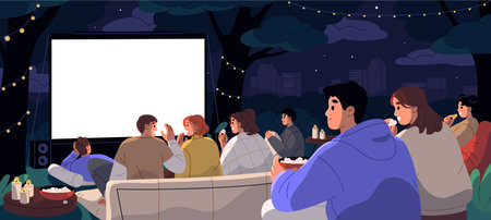 Night of open air movie. People watch films outdoors in summer evening. Happy group of friends, couples watching cinema with popcorn on projection screen in park, in nature. Flat vector illustrationのイラスト素材