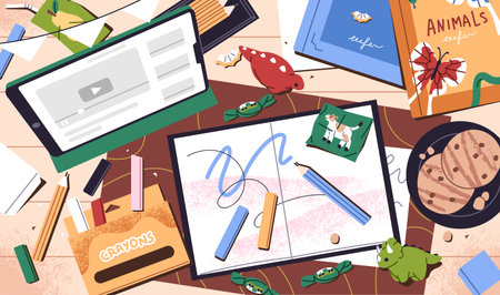 Creative disorder is on artist workplace top view. Messy desk with open notebook for drawing, stationery. Dirty table with clutter: pencils, chalks, candies, crayons, books. Flat vector illustrationのイラスト素材