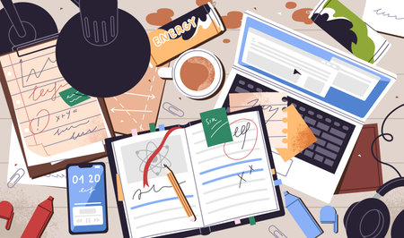 Creative disorder is in student workplace while learning process top view. Mess, cup, can are on dirty desk. Messy table with open notebook, laptop, stationery and clutter. Flat vector illustrationのイラスト素材